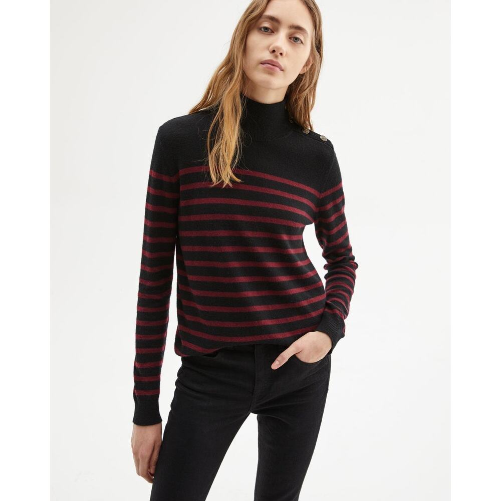 Nili Lotan Spruce Red Black Striped Cashmere Mock Neck Sweater Small